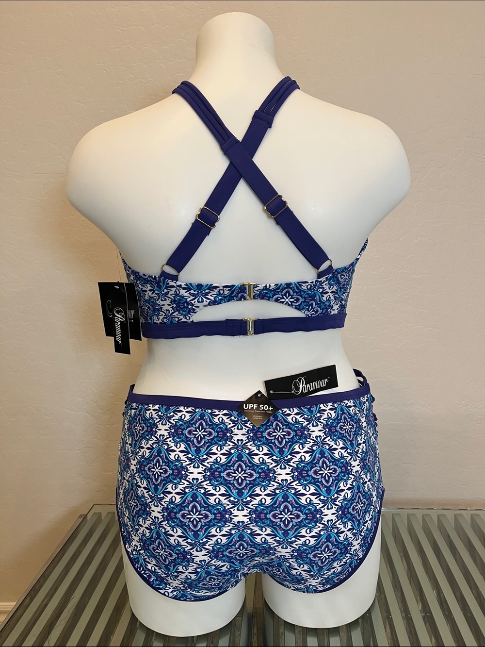 Paramour Blue and Pink Mosaic High-Neck Lace-Up Bikini Set - Picture 3 of 5